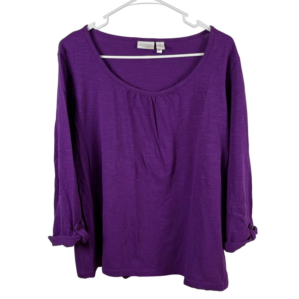 Chico's Weekends Tee Sz 2/L Purple 100% Cotton 3/4 Sleeve Scoop Neck Minimalist